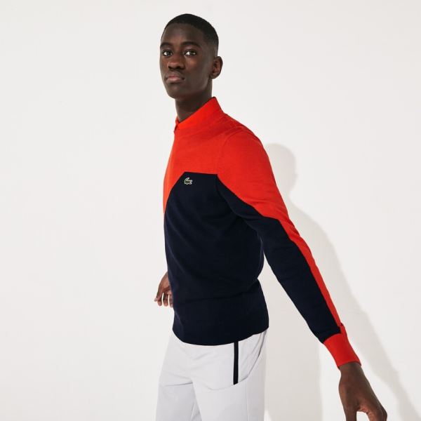 Lacoste SPORT Breathable Knit Crew Neck Golf Sweater Pánské - Svetr Červené / Tmavě Blankyt Blankyt